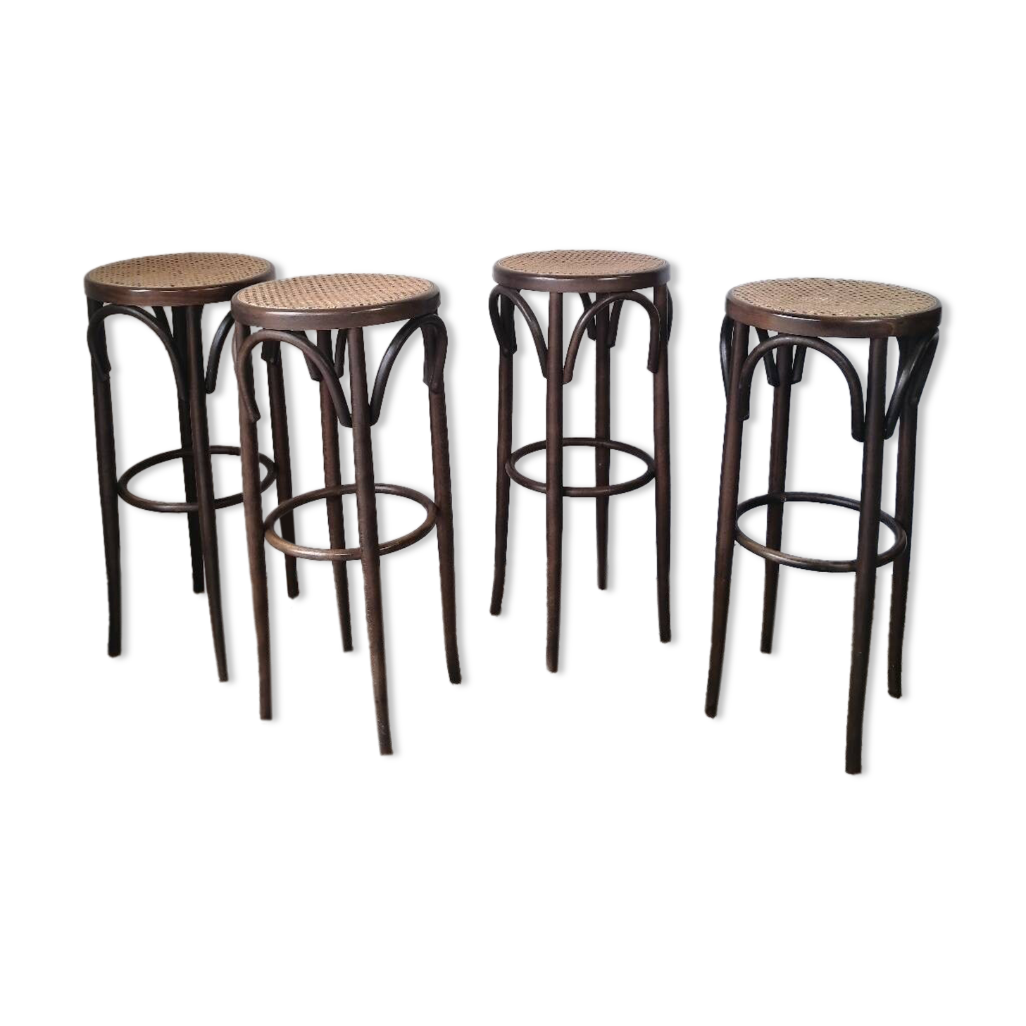 Set of 4 high bistro stools in curved wood and canework.