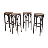 Set of 4 high bistro stools in curved wood and canework.
