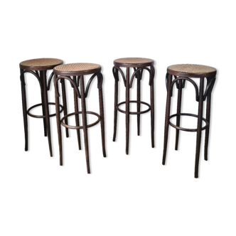 Set of 4 high bistro stools in curved wood and canework.