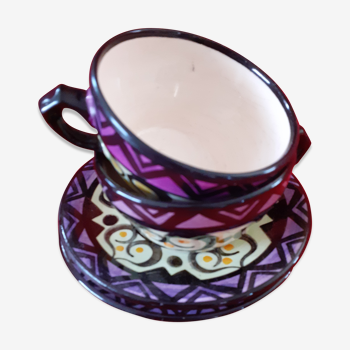 Duo de tasses à café des années 50, céramique émaillée de St Jean de Bretagne, peintes à la main
