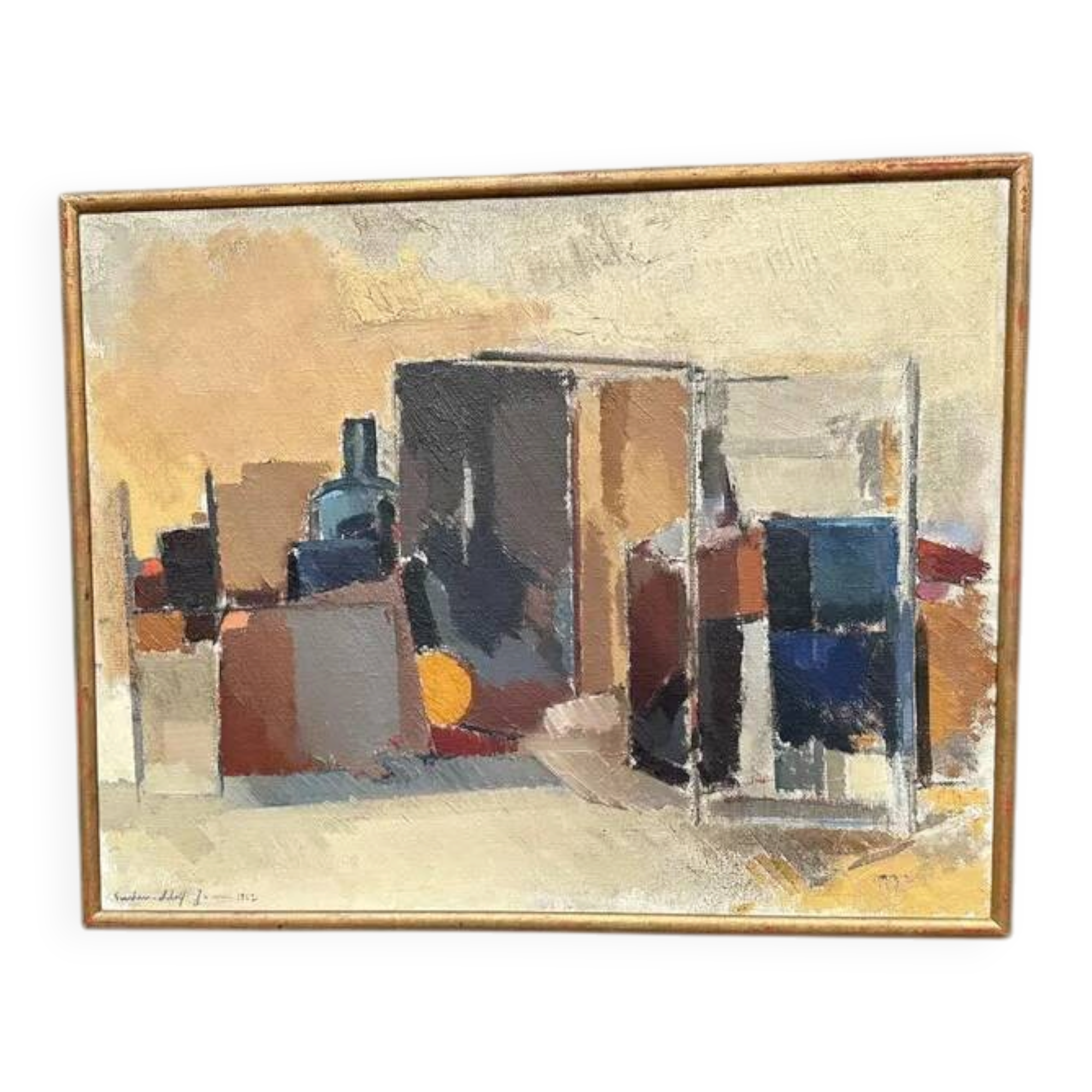 Large original Swedish oil on canvas - 'Blue Bottle and Books' by Gustav Adolf Johansson - 1962 - vintage and framed