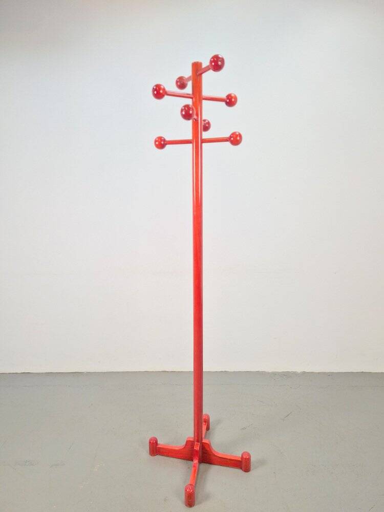 Postmodern Red Stained Beech Coat Rack with Balls, Italy, 1970s