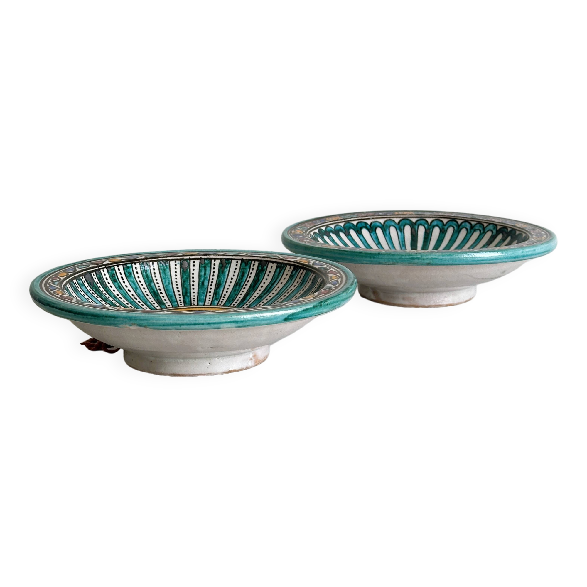 2 antique handmade ceramic dishes, colorful plates