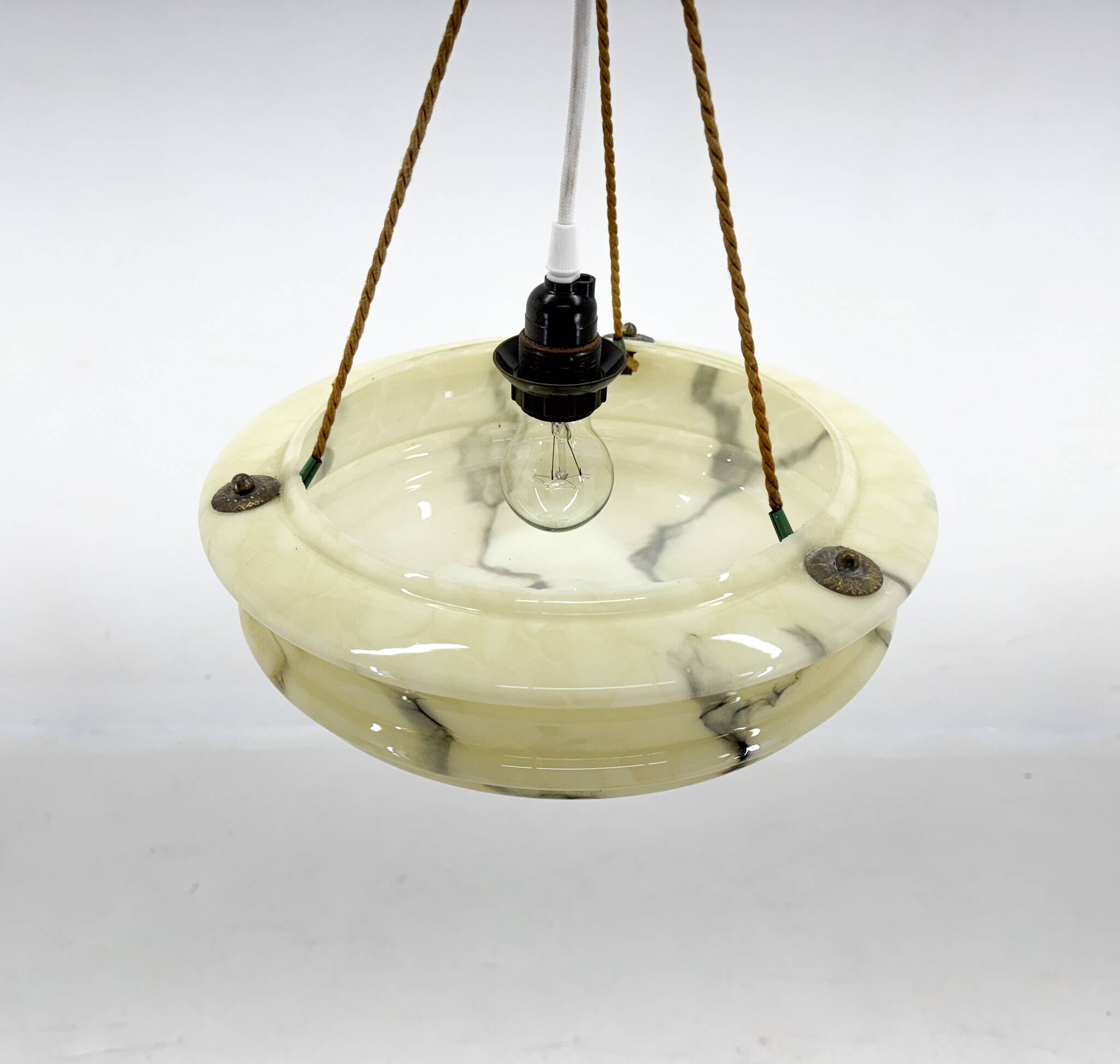 Art Deco Marble Glass Pendant Light on Original Rope