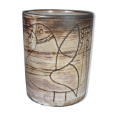 J. Pouchain 1925-2015 incised cylindrical vase enamelled volatile decoration, signed. SB