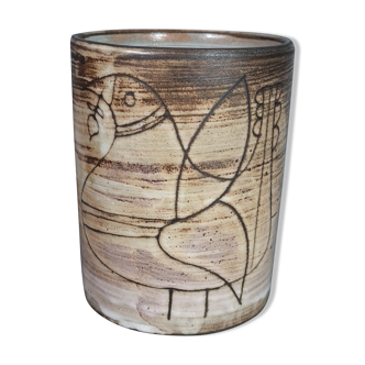 J. Pouchain 1925-2015 incised cylindrical vase enamelled volatile decoration, signed. SB