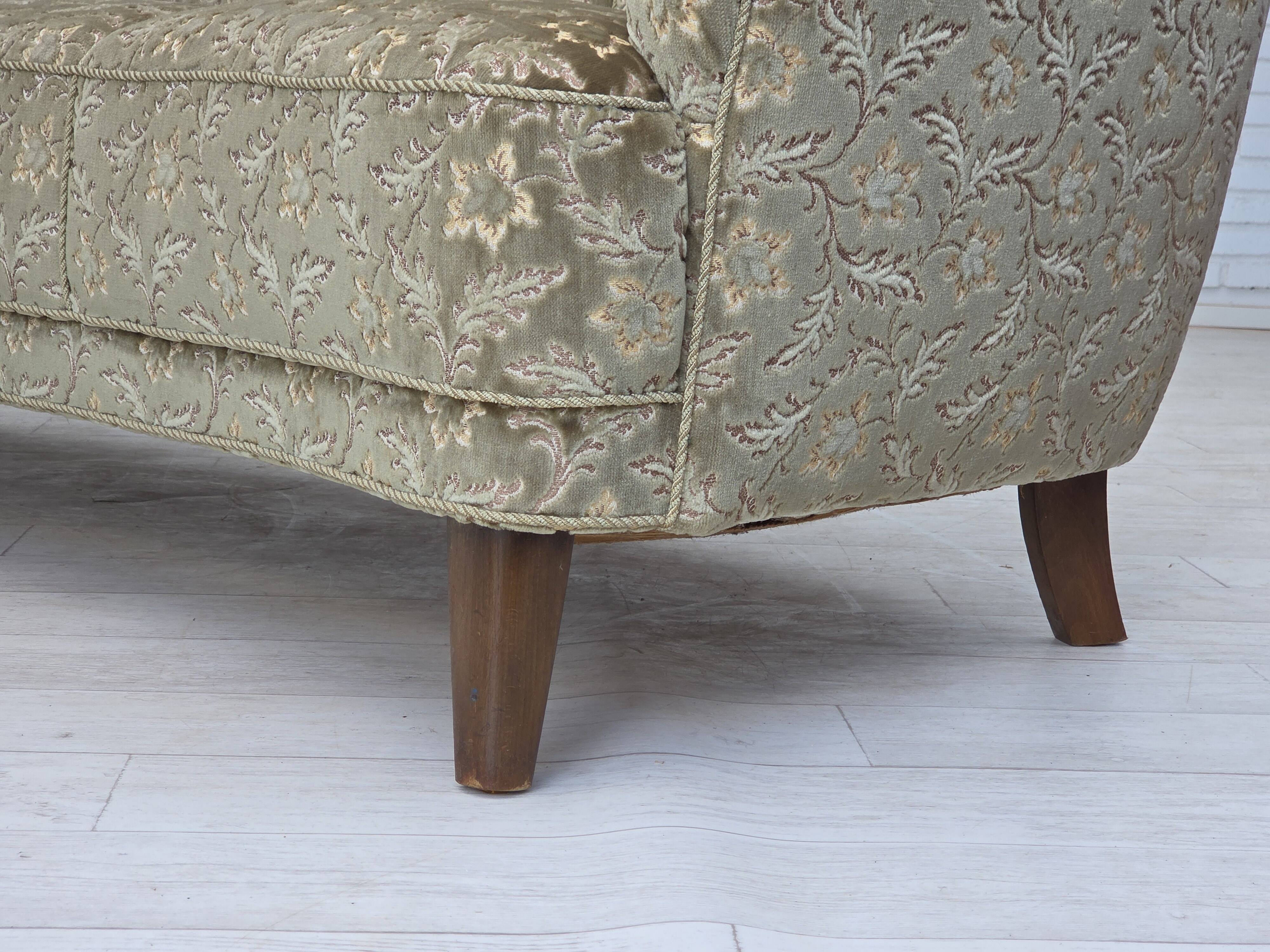 1960s, Danish 3-seater curved sofa, furniture velour, beech wood legs.