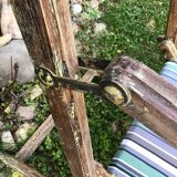 Pair of 19th-century wooden deck chairs with pegged frames and wrought iron