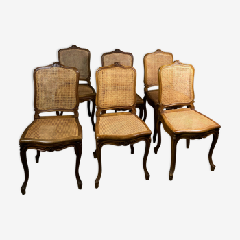 Chairs (lot of 6) Louis XV style in solid walnut caned 1940