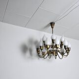 Fog & Mørup 18-Arm Brass and Opaline Glass Tulip Chandelier