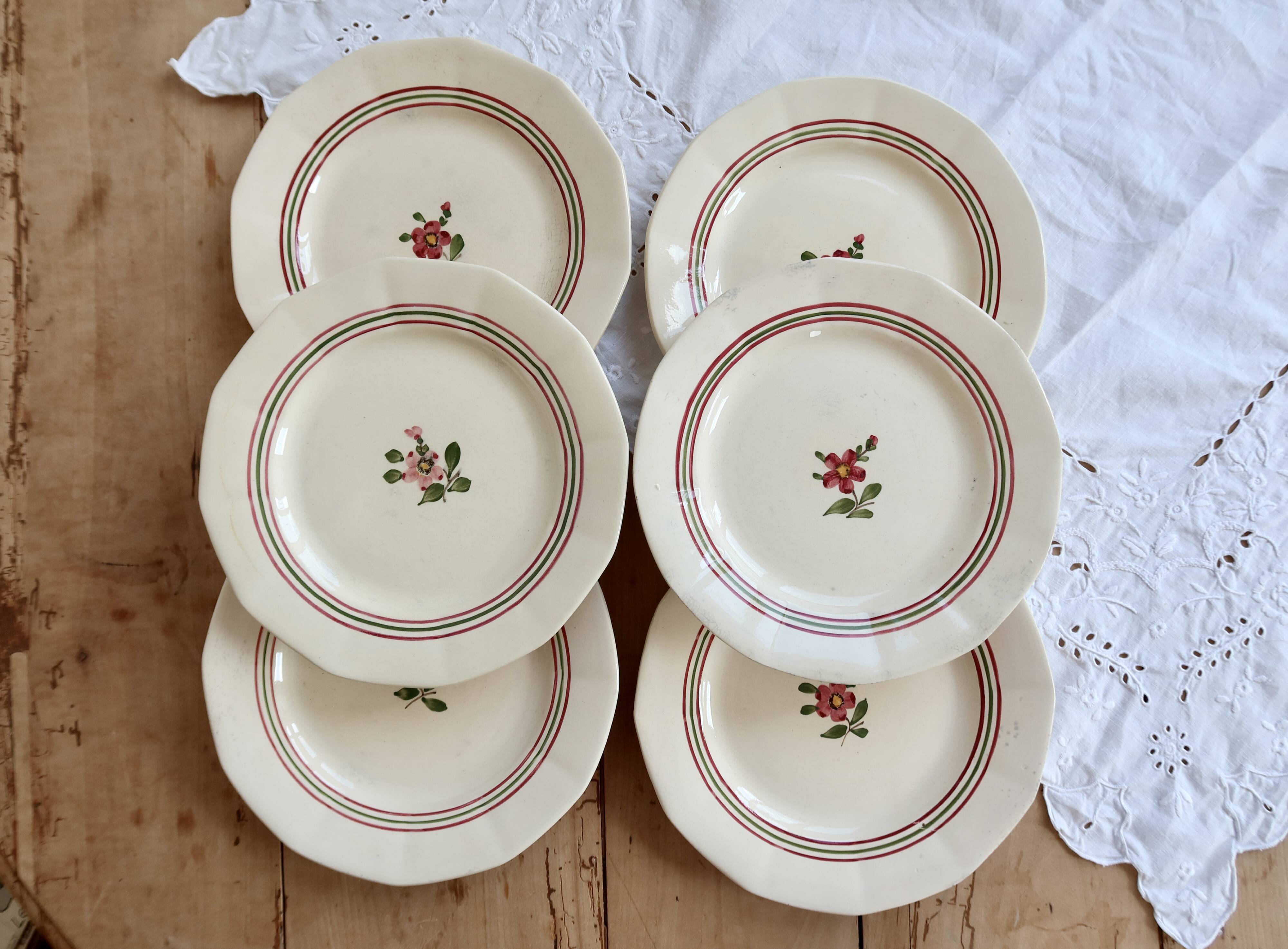 6 antique flat plates made of ironstone from Sarreguemines - Armelle model