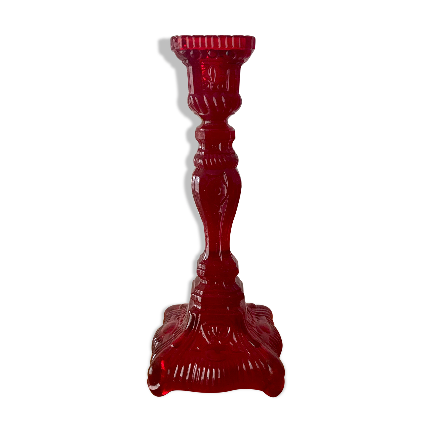 Red molded glass candlestick