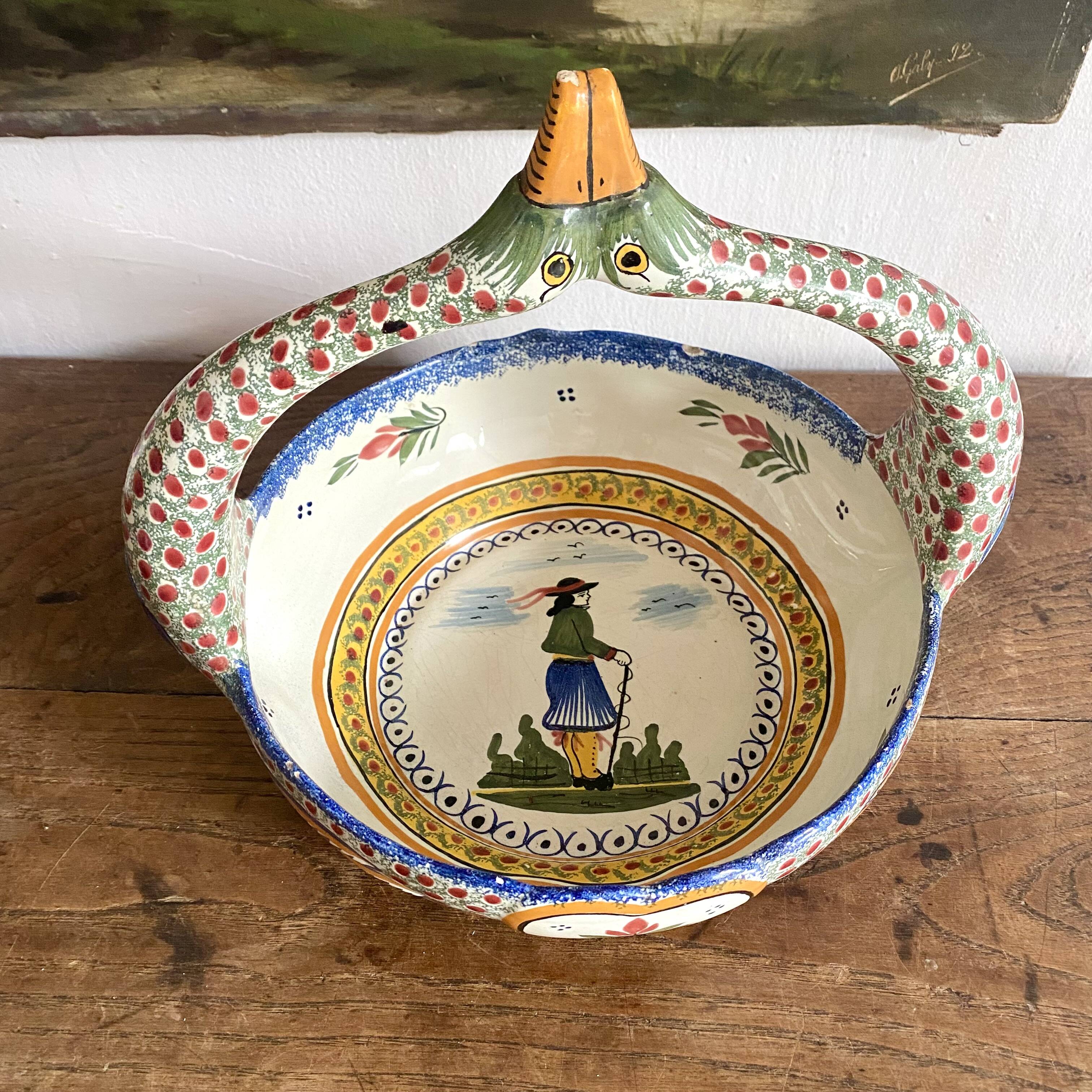 Fruit bowl, bird head handle HB Quimper Breton earthenware