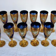 12 cobalt blue and gold Murano glass flutes, mid-20th century.