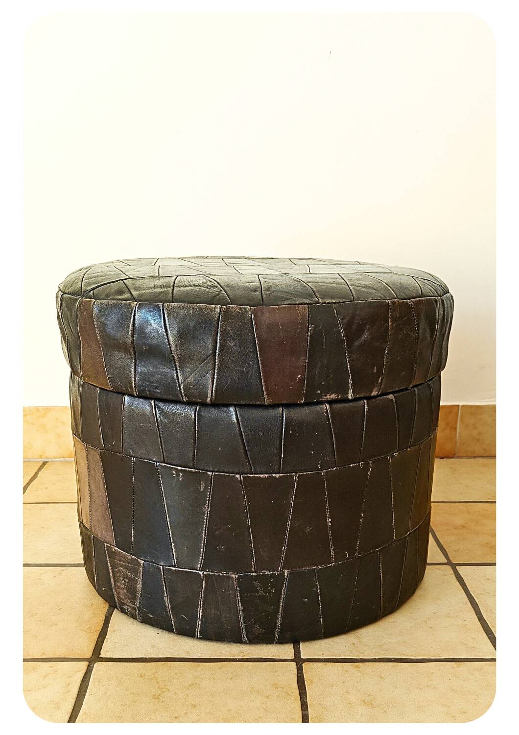 Pouf de rangement patchwork en cuir des années 1970