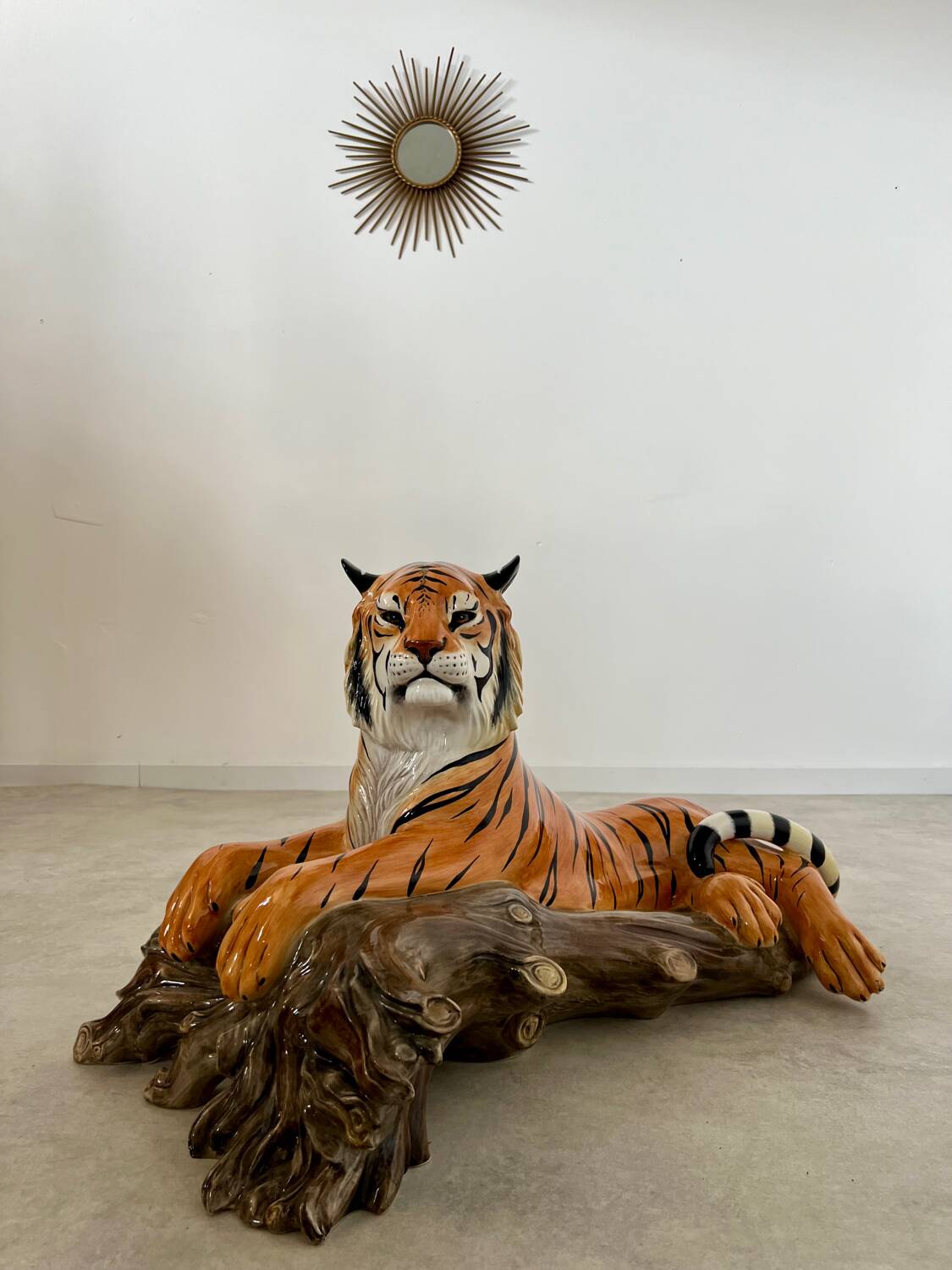 Old vintage ceramic tiger 70s Italian design lying position