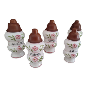 Lot de 5 pots à épices vintage en faïence blanche décor floral rose et vert