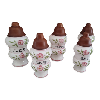 Set of 5 vintage spice pots in white earthenware floral decoration pink and green