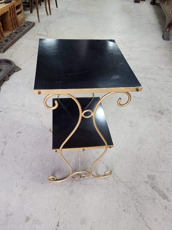 Petite sellette a 2 niveaux en metal et bois 1960