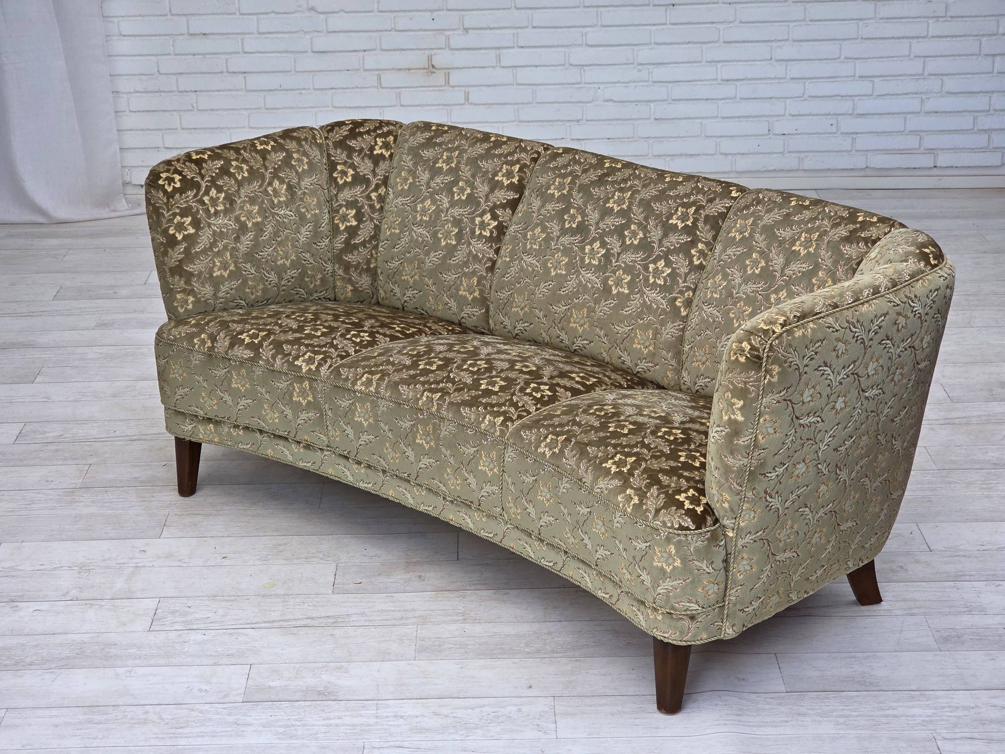 1960s, Danish 3-seater curved sofa, furniture velour, beech wood legs.