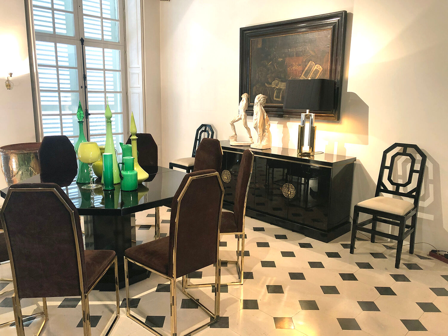 Black and gold lacquered buffet with Chinese handles, 1970