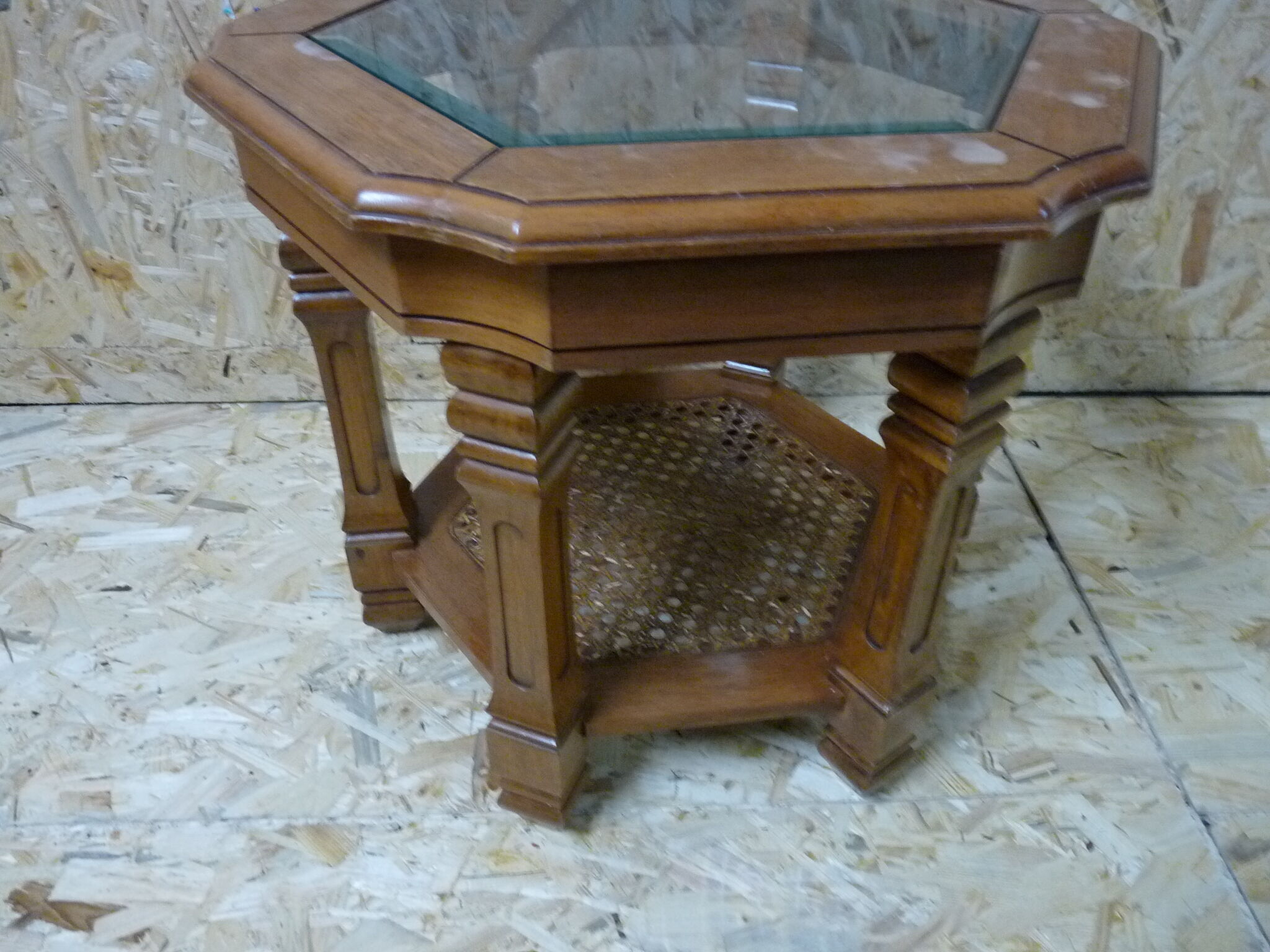 Hexagonal glass wood coffee table