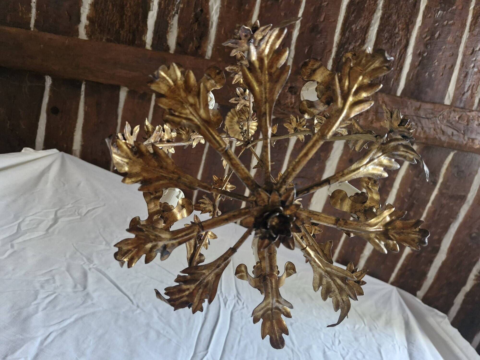 Rare suspension / antique chandelier with 5 lights - Flowers & Foliage in gilded metal