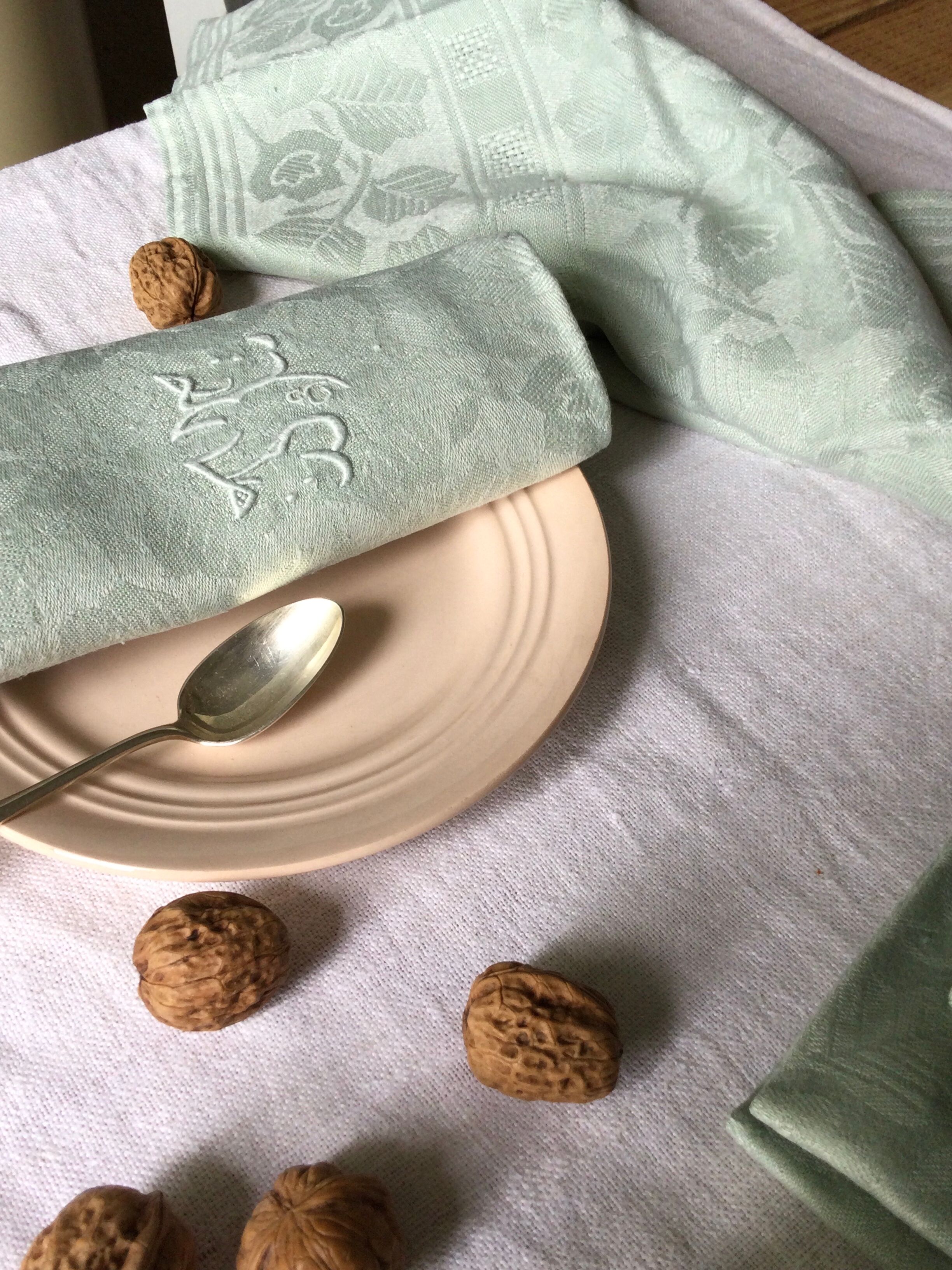 Set of six old damasked napkins dyed in celadon green