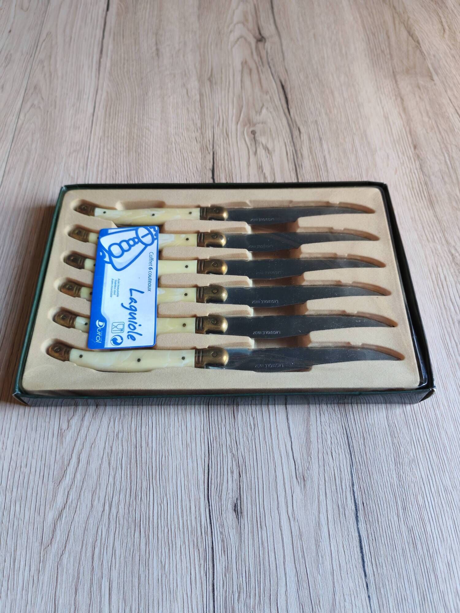 Vintage Box 6 Laguiole Table Knives Ivory Handles Gold Bolsters