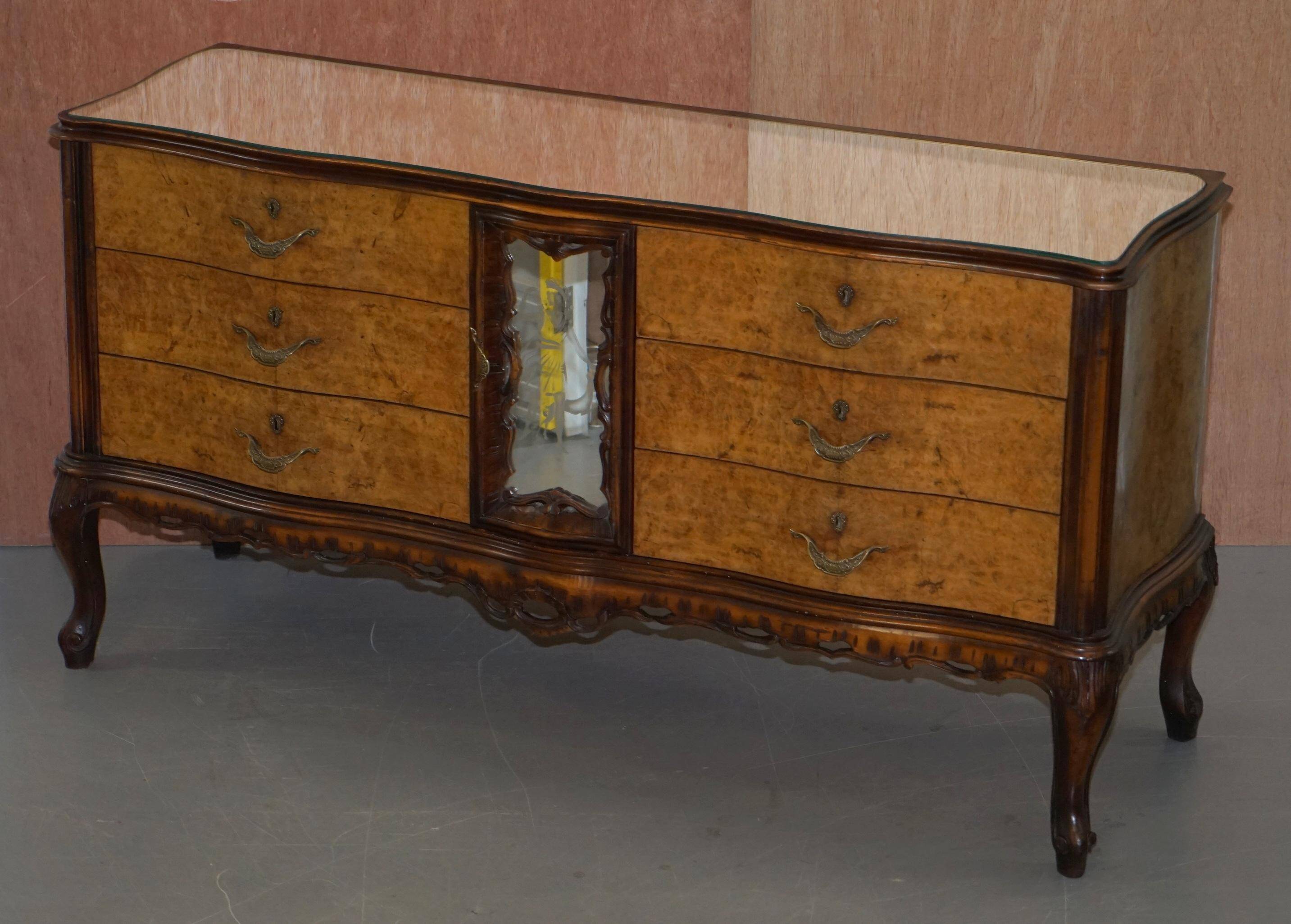 Vintage Italian Buffet in Walnut with Serpentine Front and Mirror Top