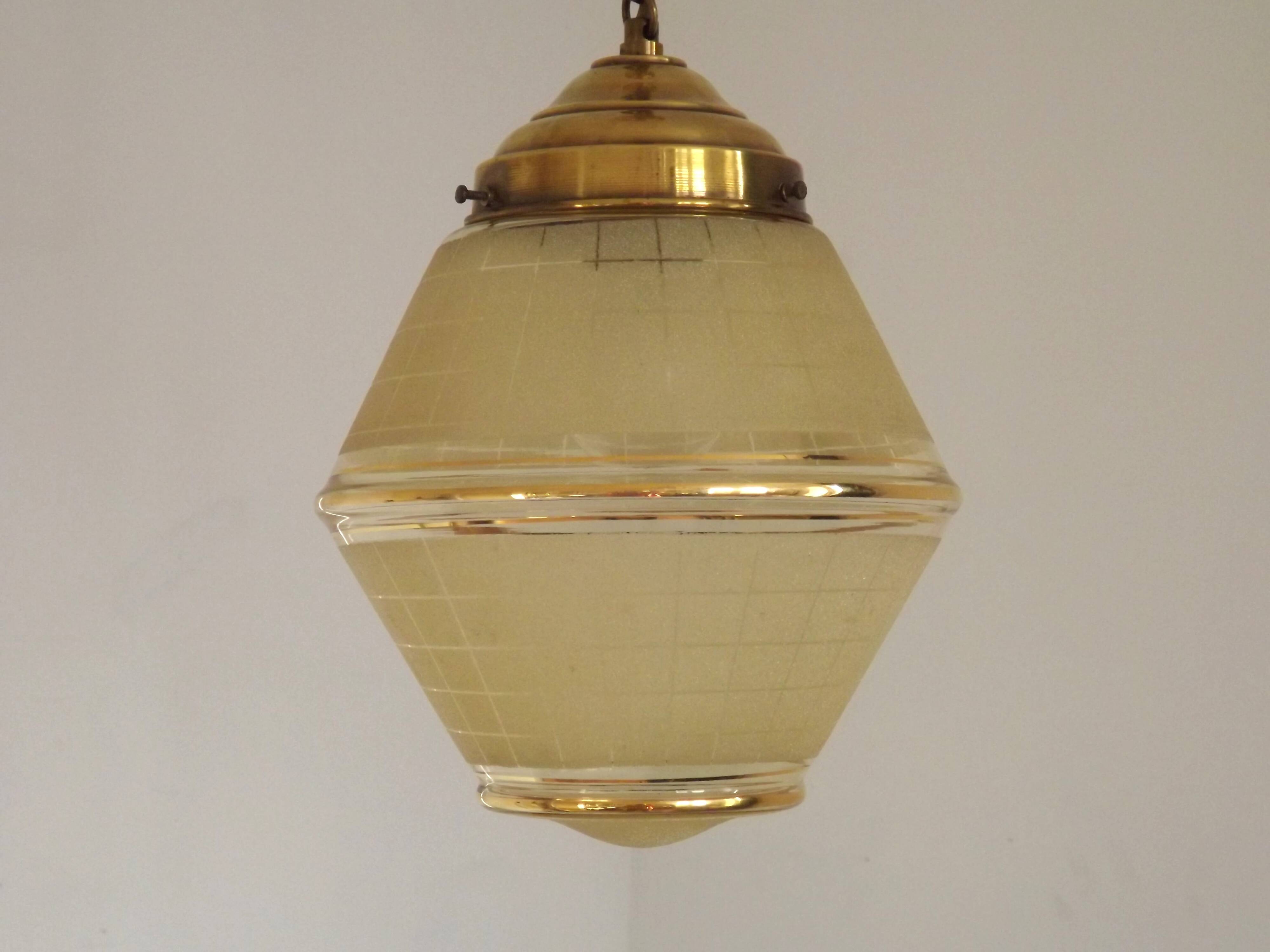 Art Deco ceiling light in yellow and gold glass and brass, France