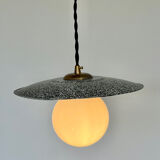 Industrial pendant light made of speckled enameled sheet metal and opaline