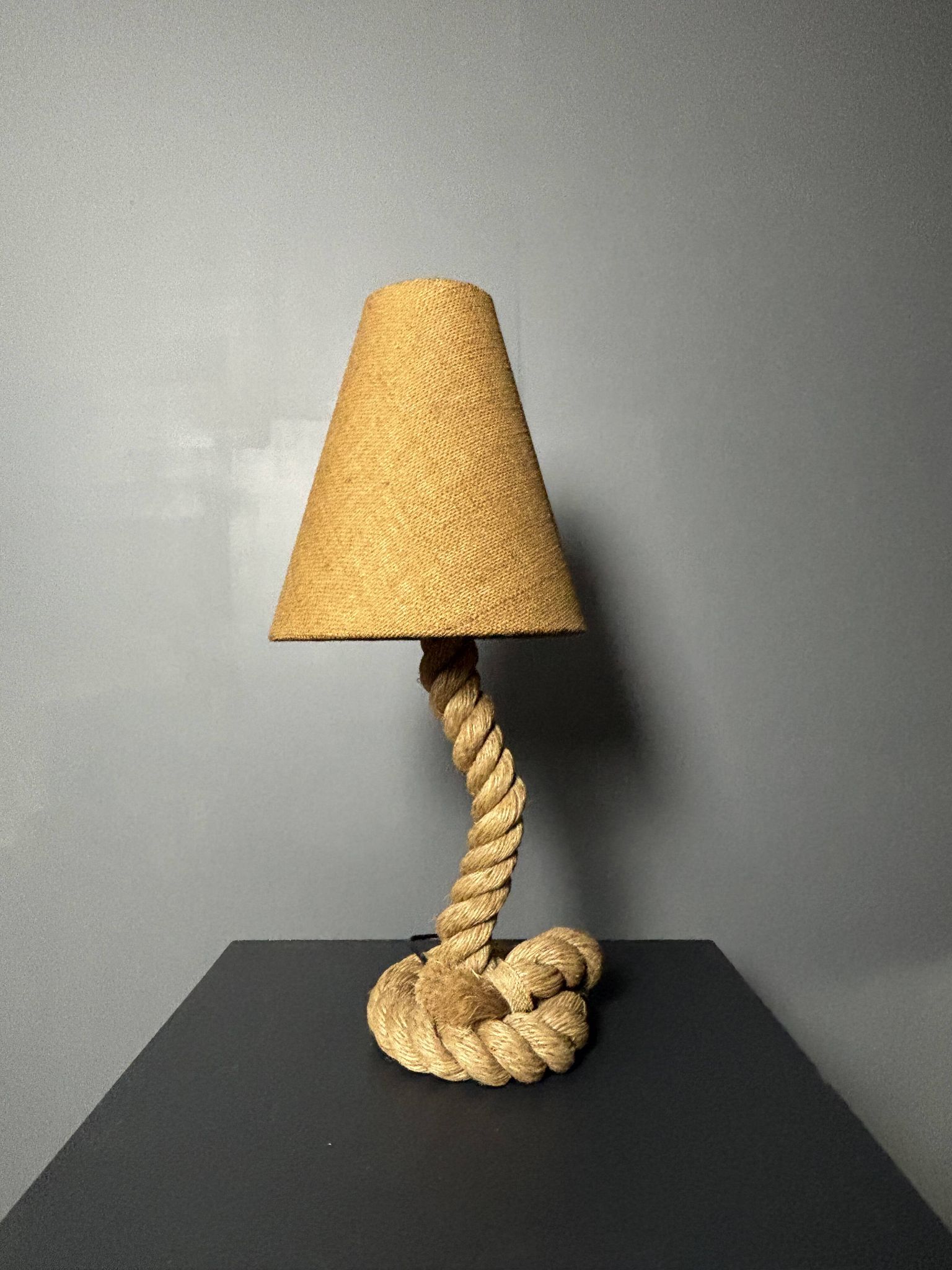 Midcentury French brutalist rope table lamp in the style of Audoux & Minet