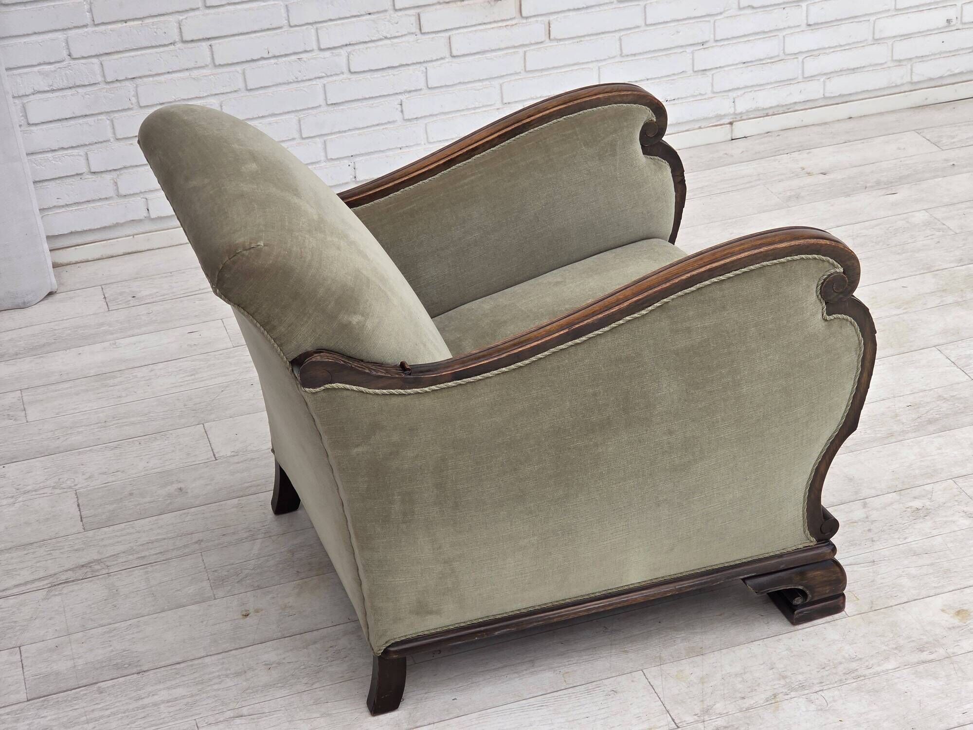 1950s, Danish relax armchair, furniture velour, carved oak wood.