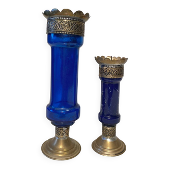 Pair of oriental candlesticks in cobalt blue glass