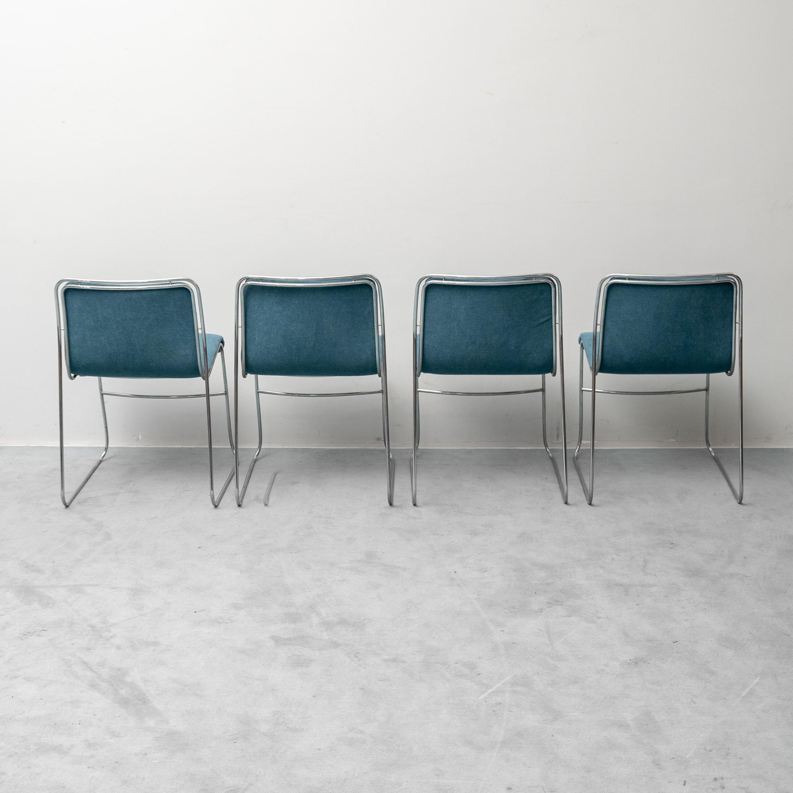Set of 4 vintage metal and blue fabric chairs, 1970s modernist