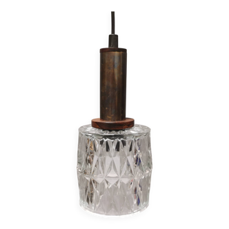 Swedish hanging lamp in transparent crystal glass with rosewood/brass suspension, 1970s.
