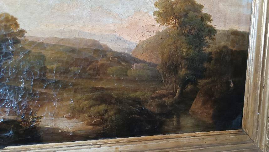 Antique painting on canvas depicting a bucolic landscape