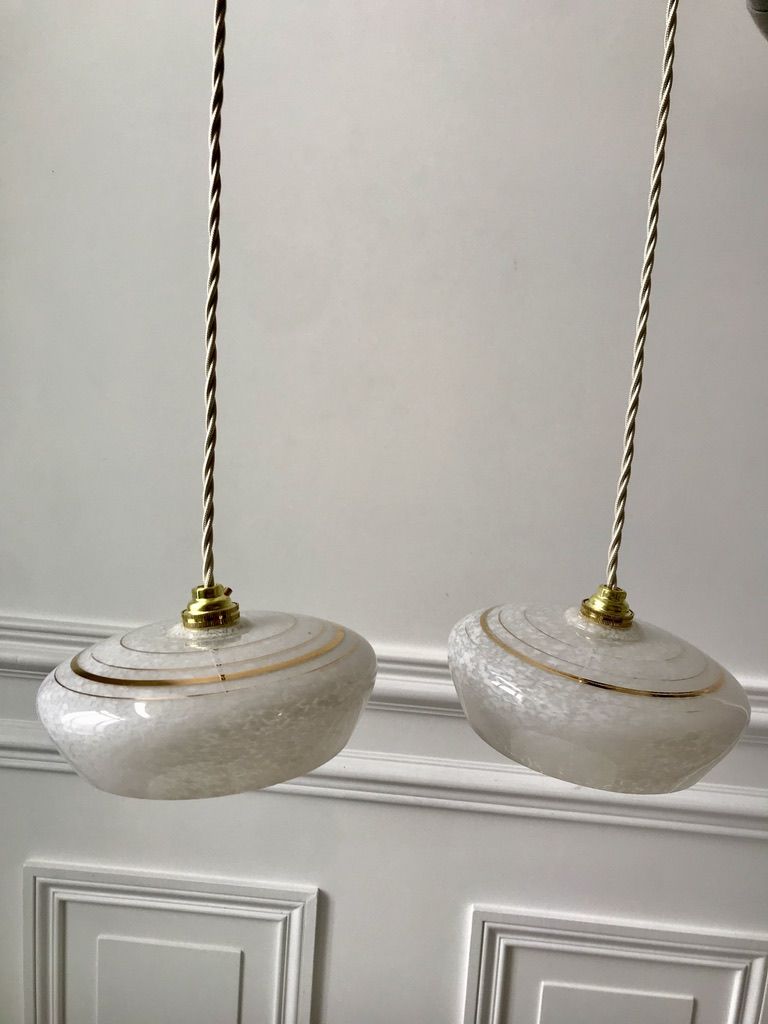 Pair of suspensions in white Clichy glass and golden edging 40s-50s