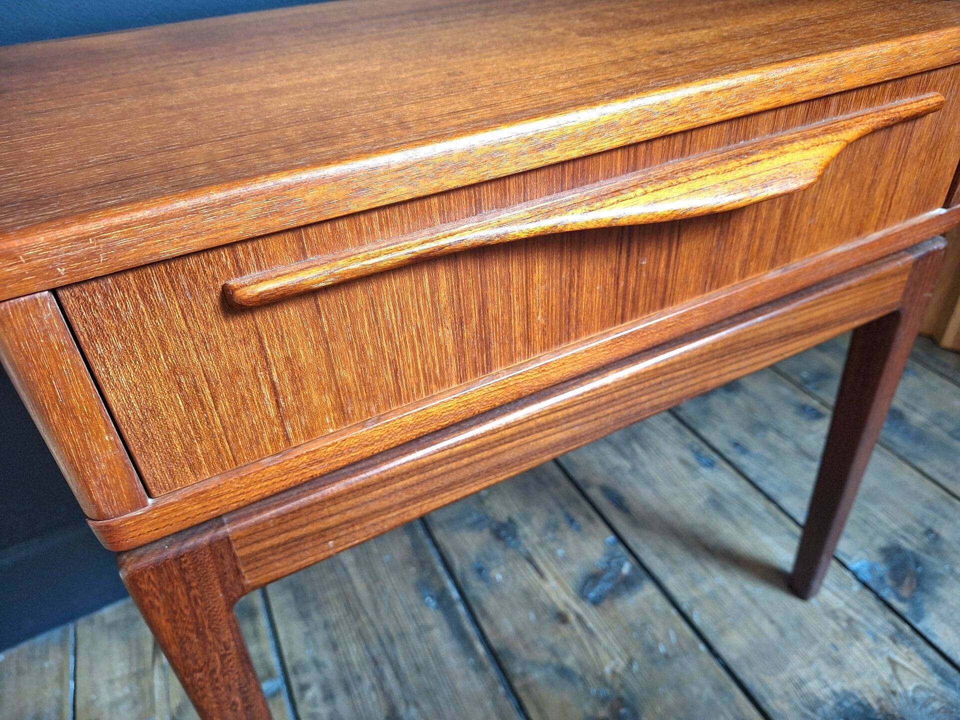 Vintage teak bedside table, Scandinavian design nightstand, accent furniture.