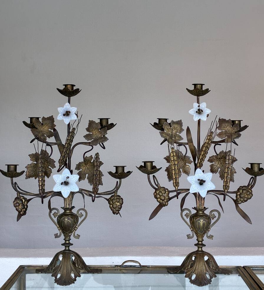 Pair of French Brass Candelabras with Opaline Glass Flowers and Grape Motif