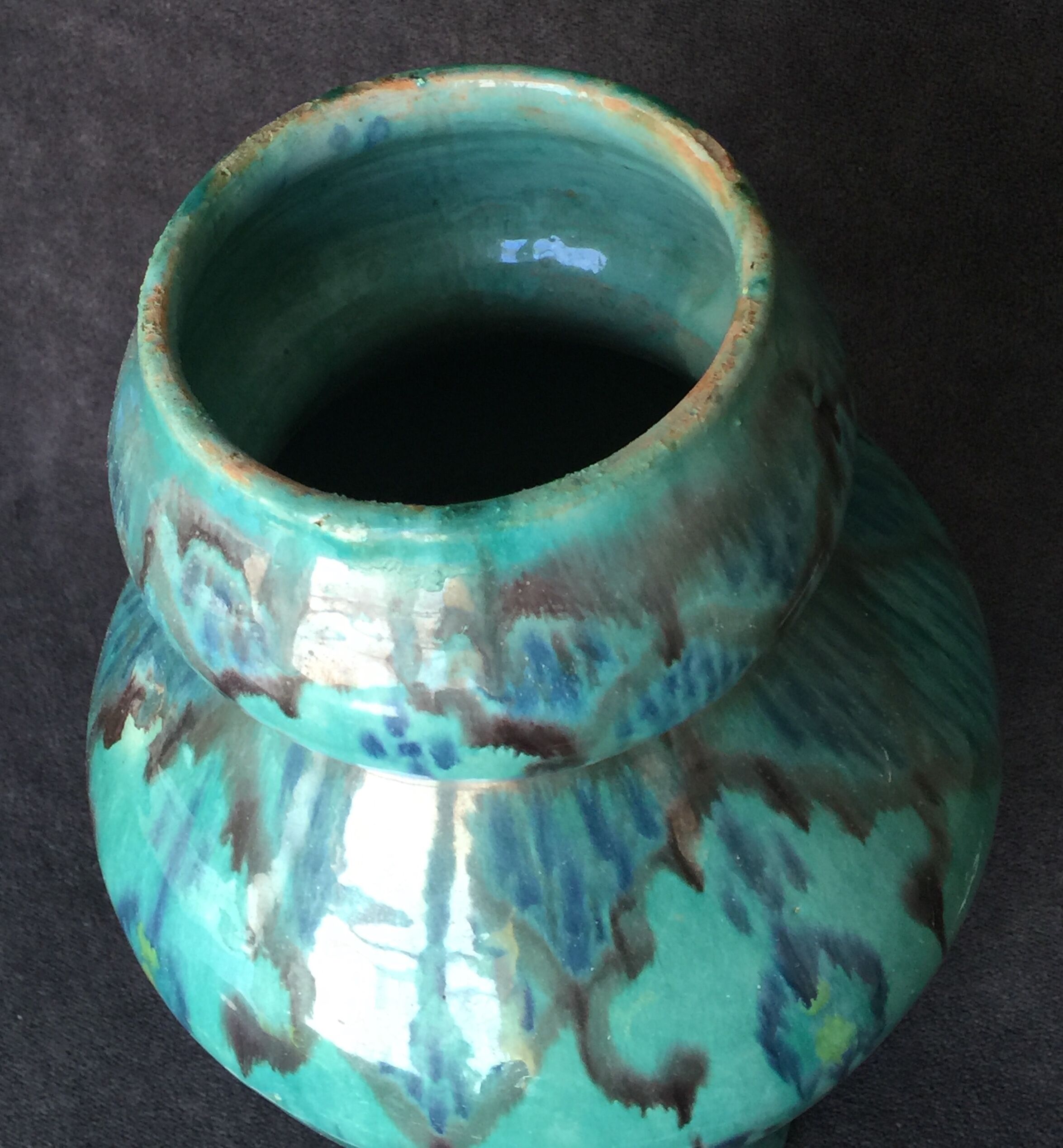 Enamelled ceramic vase, with a flaming blue-green décor