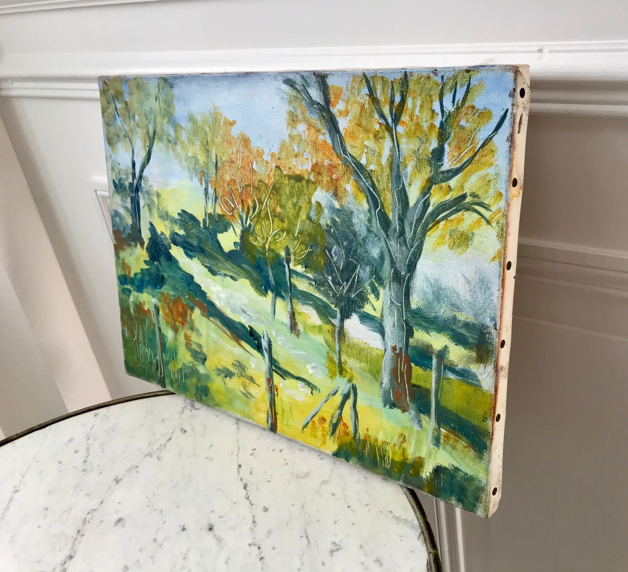 Painting oil on canvas landscape fields and vintage forest