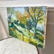 Painting oil on canvas landscape fields and vintage forest
