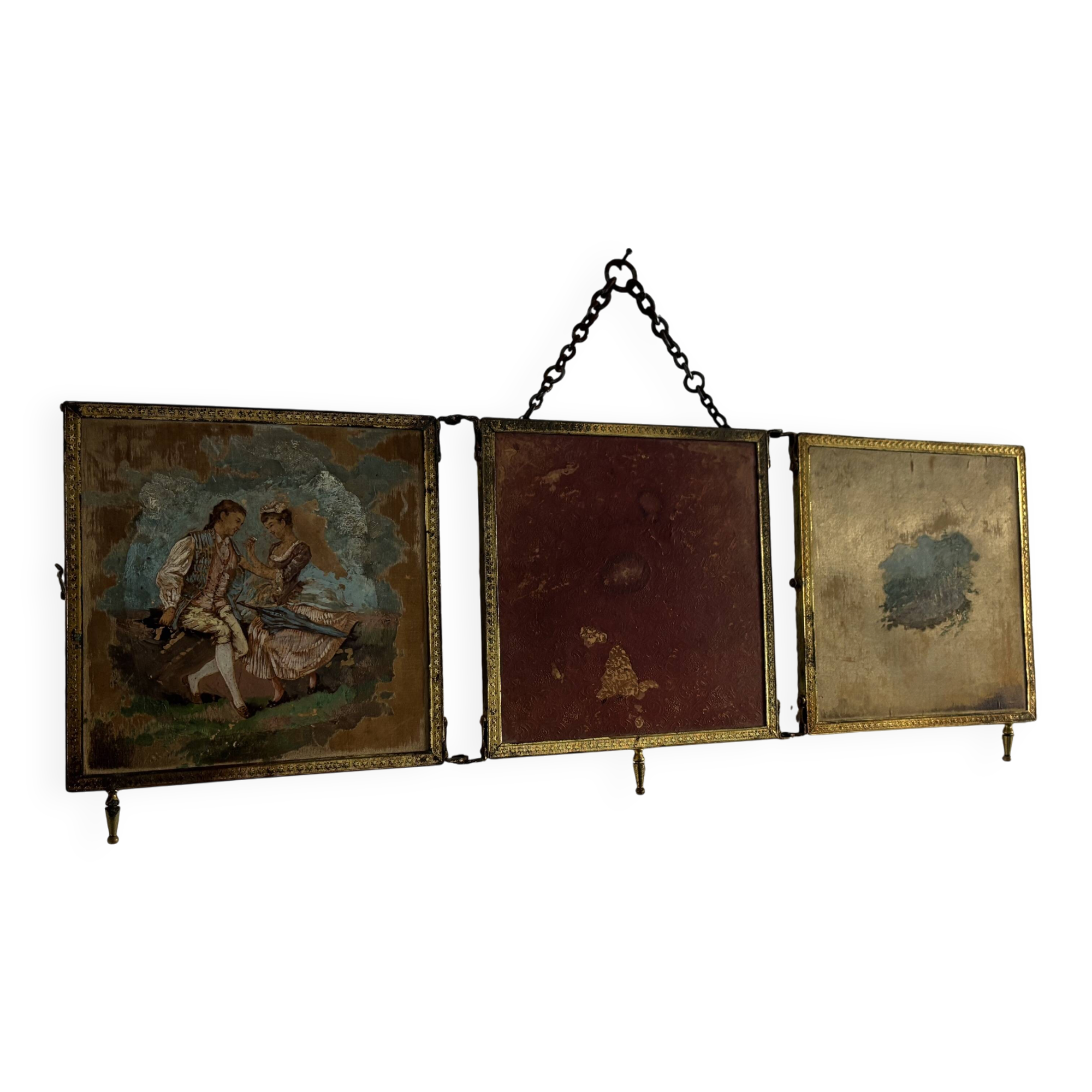 Vintage 1900 triptych barber mirror in gold, gallant scene - 20 x 59 cm