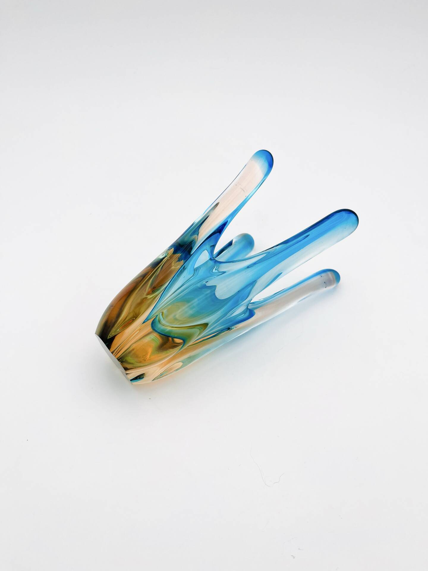 Murano Sommerso Blue Turquoise & Amber Vase Sculpture with 4 Branches 19.5cm