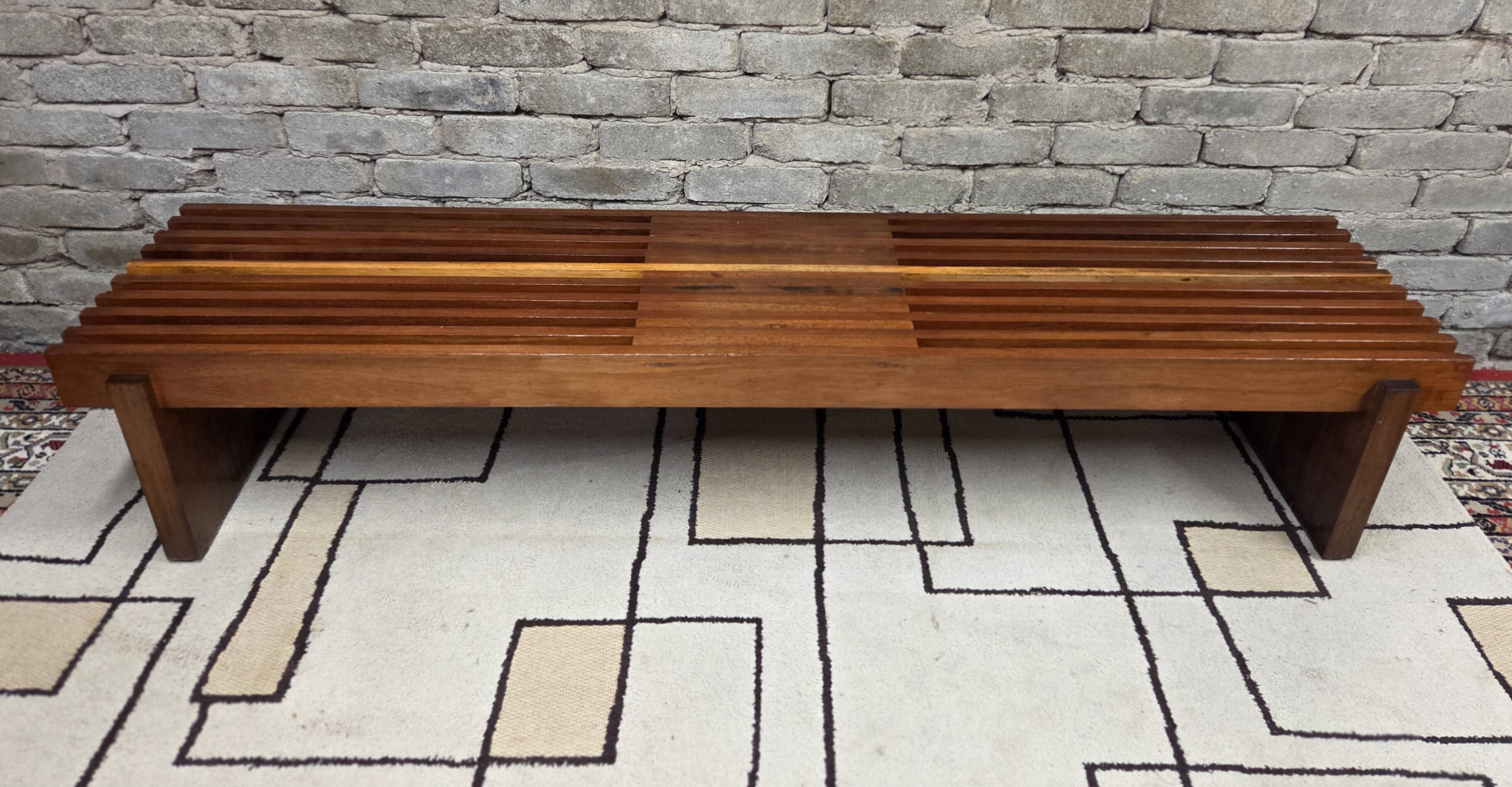 Vintage brutalist bench in solid teak with slats – 1970s