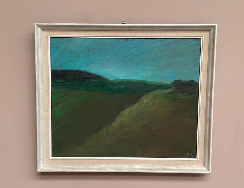Huile sur toile originale suédoise – "Paysage" par Dina Mortensen – Signé DM – Vintage et encadré – 53 × 45,5 cm (20,9" × 17,9")