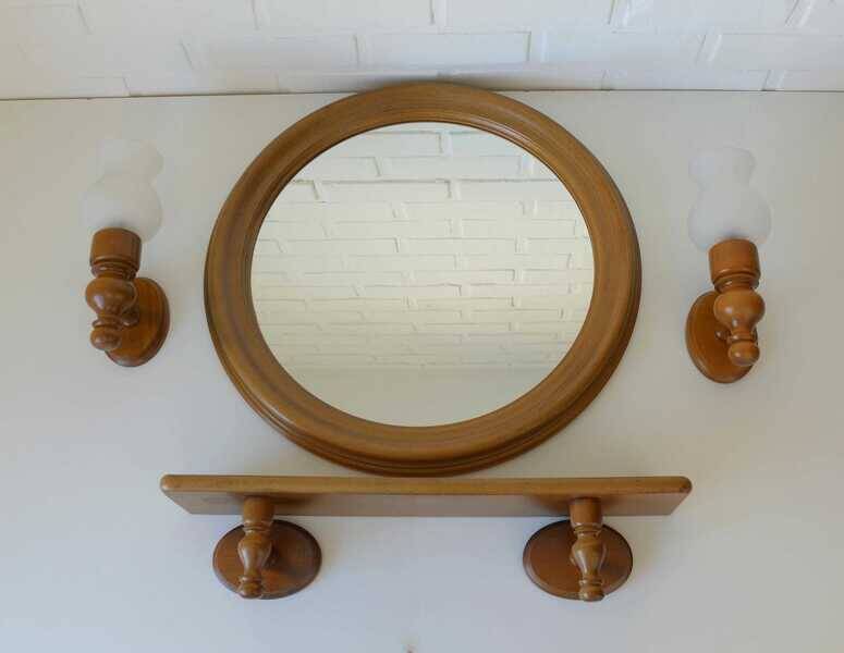 Large vintage wooden bathroom set / mirror with shelf / towel rack