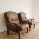 Pair of vintage 1970s armchairs in solid oak and cognac faux leather.